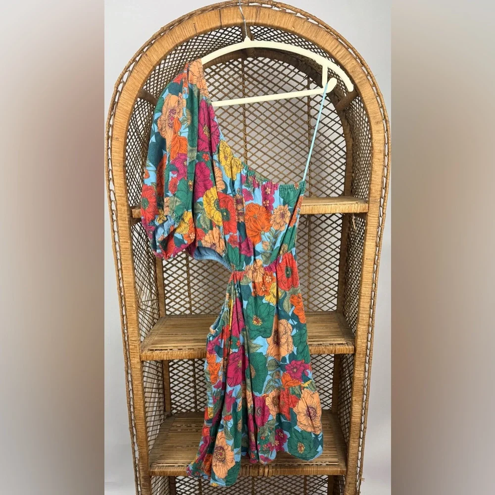 Du Paradis Floral One Shoulder Mini Dress Size M Cutout Flounce Hem - Picture 6 of 8
